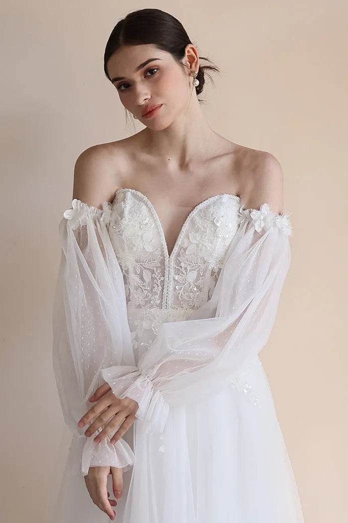 A-Line Sweep-Brush Train Lace Tulle Wedding Dress CW3548 - COCOMELODY