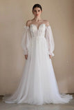 A-Line Sweep-Brush Train Lace Tulle Wedding Dress CW3548 - COCOMELODY