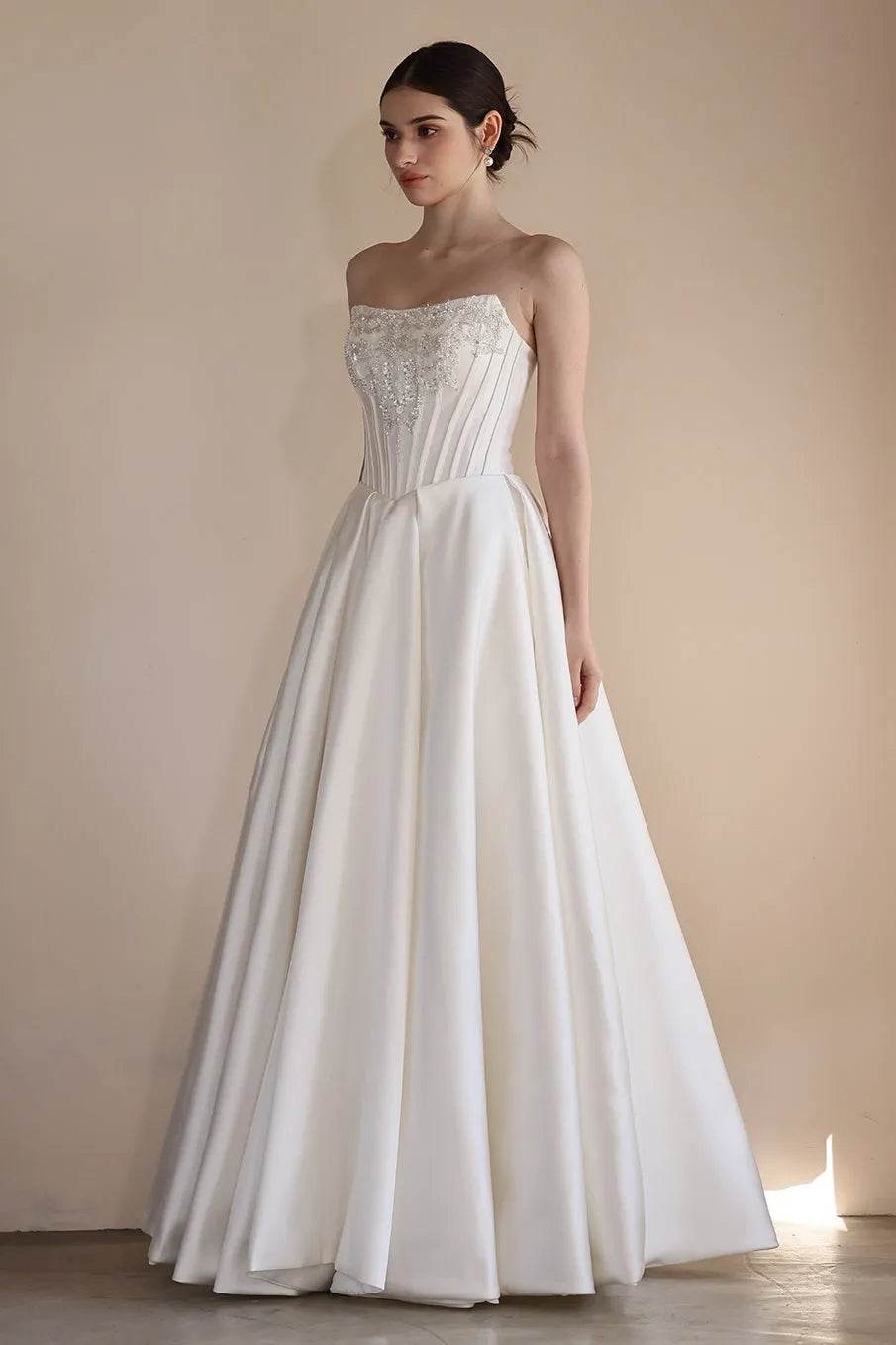 A-Line Floor Length Satin Wedding Dress CW3549 - COCOMELODY