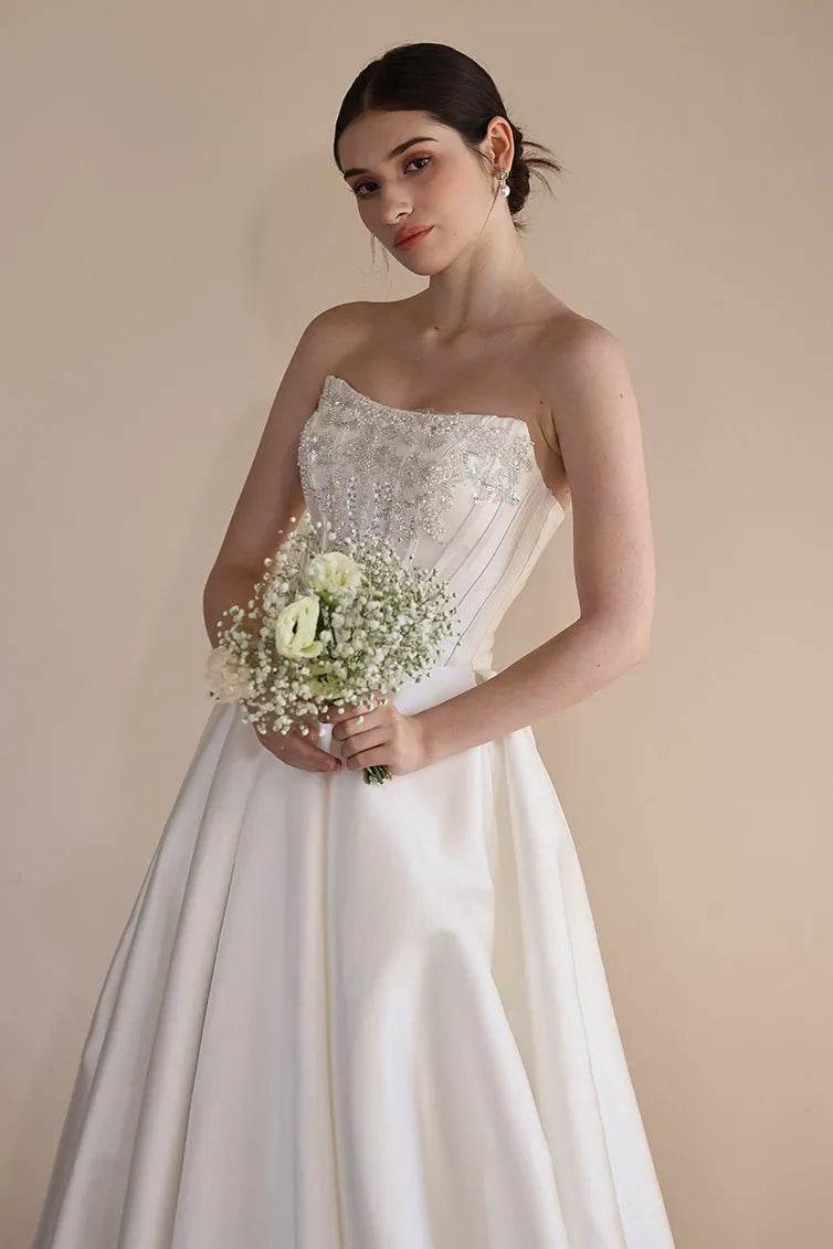 A-Line Floor Length Satin Wedding Dress CW3549 - COCOMELODY