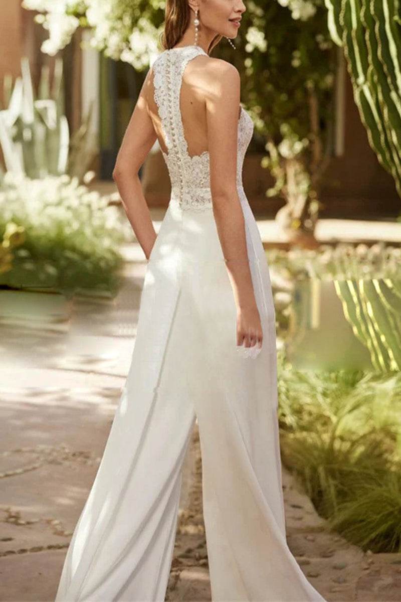 Halter Floor Length Chiffon Wedding Jumpsuit CW3559 - COCOMELODY