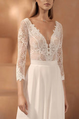 V-Neck Floor Length Lace Chiffon Wedding Jumpsuit CW3561 - COCOMELODY