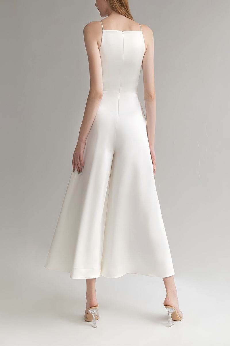 V-Neck Tea Length Stretch Satin Wedding Jumpsuit CW3563 - COCOMELODY