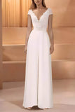 V-Neck Floor Length Lace Chiffon Wedding Jumpsuit CW3569 - COCOMELODY