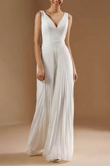 V-Neck Floor Length Chiffon Wedding Jumpsuit CW3574 - COCOMELODY