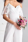 V-Neck Floor Length Lace Chiffon Wedding Jumpsuit CW3578 - COCOMELODY