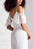 V-Neck Floor Length Lace Chiffon Wedding Jumpsuit CW3578 - COCOMELODY