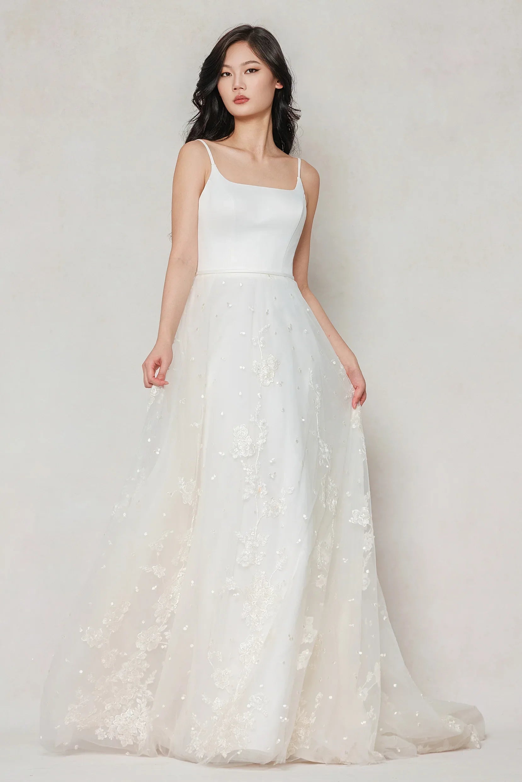 A-Line Court Train Stretch Satin Tulle Wedding Dress CW3603 - COCOMELODY