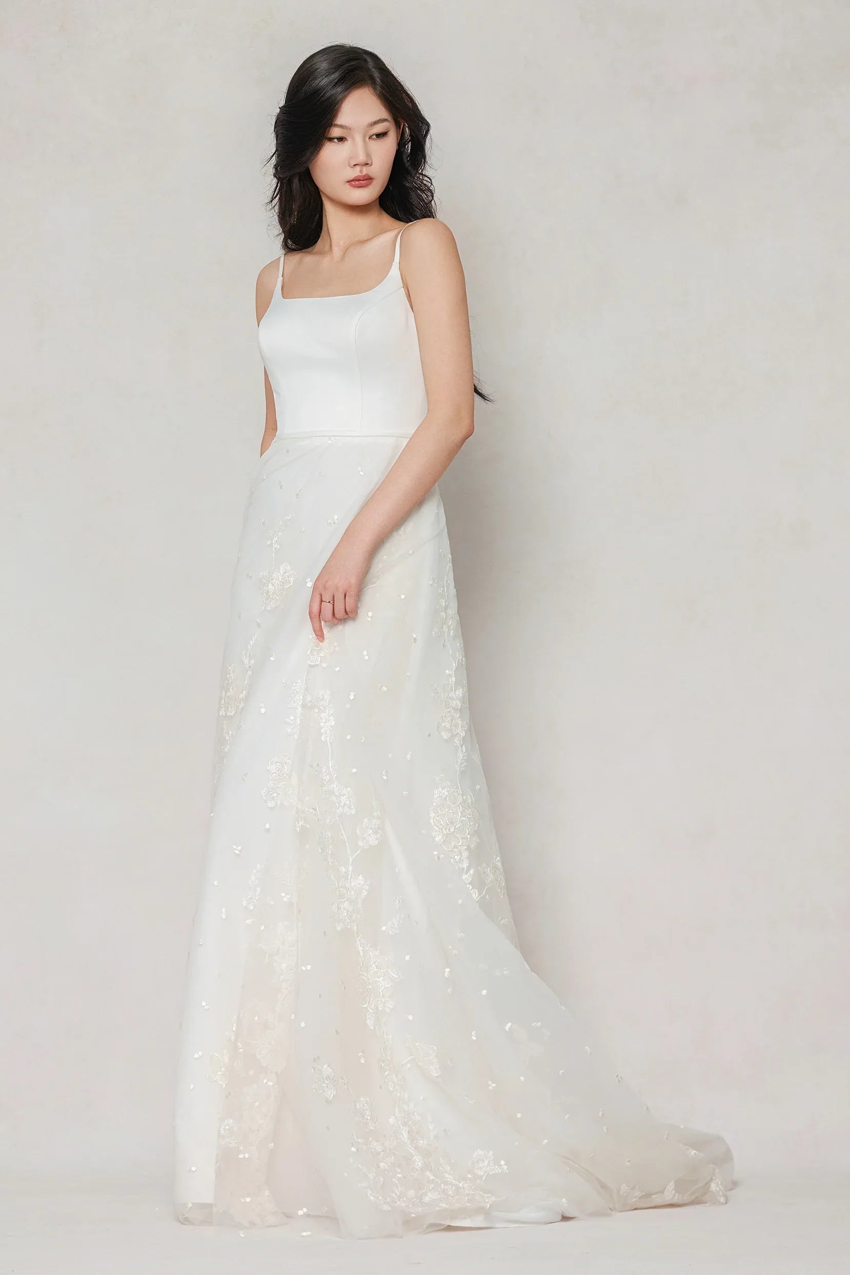 A-Line Court Train Stretch Satin Tulle Wedding Dress CW3603 - COCOMELODY