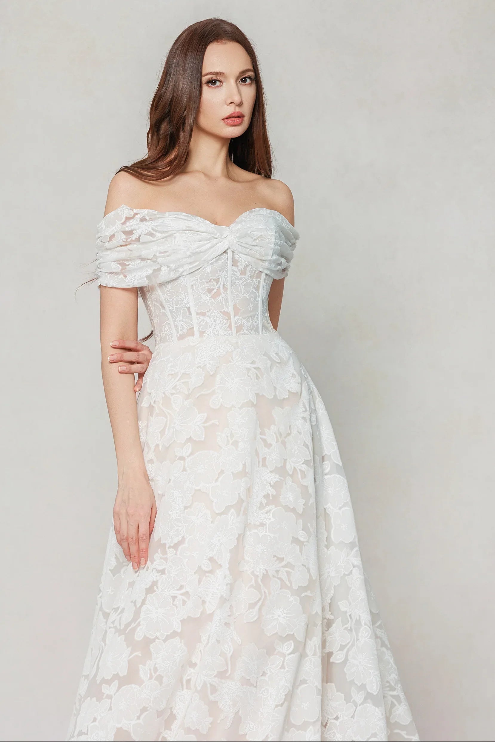 A-Line Court Train Gauze Broche Wedding Dress CW3623 - COCOMELODY