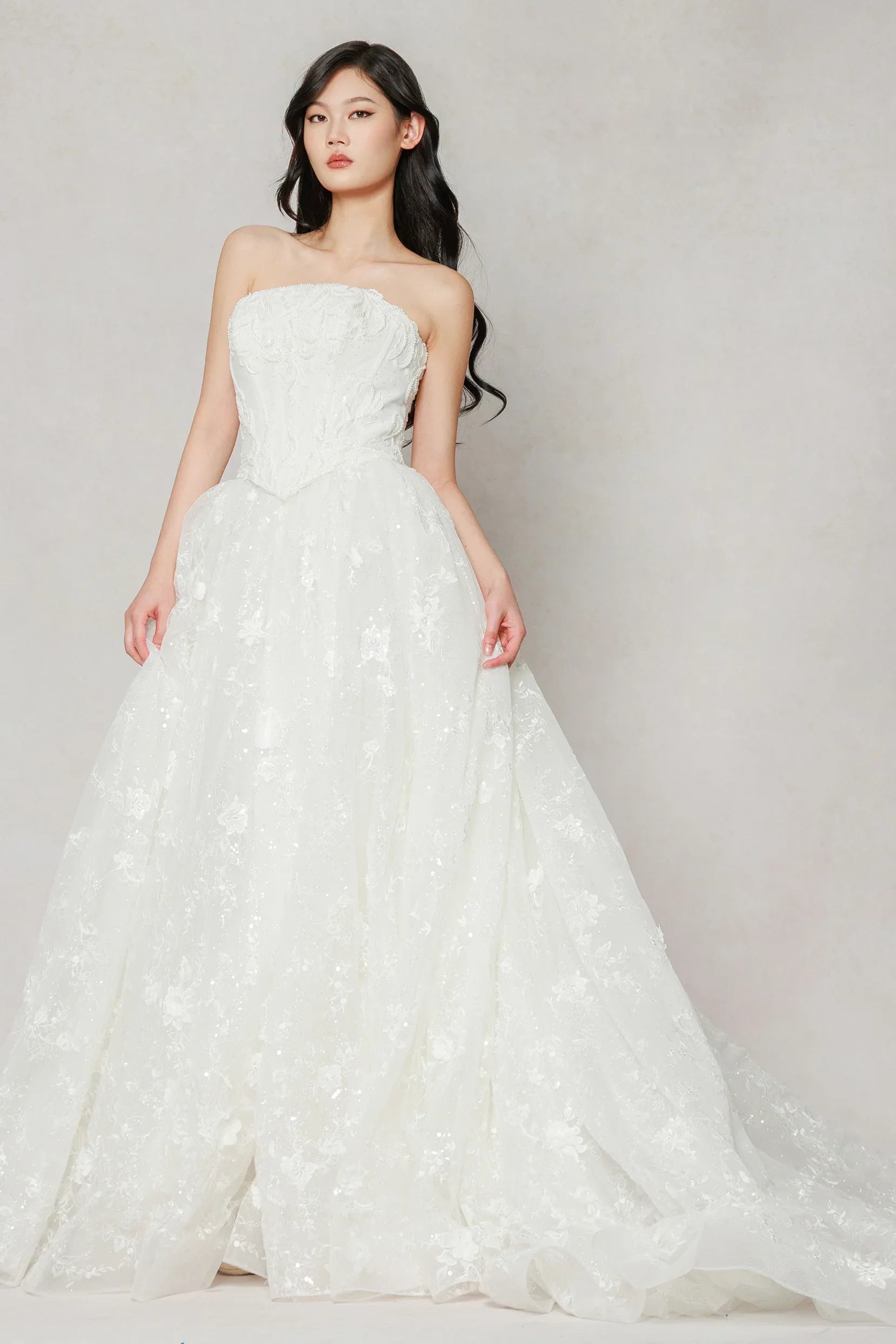 A-Line Court Train Stretch Satin Lace Tulle Wedding Dress CW3638 - COCOMELODY