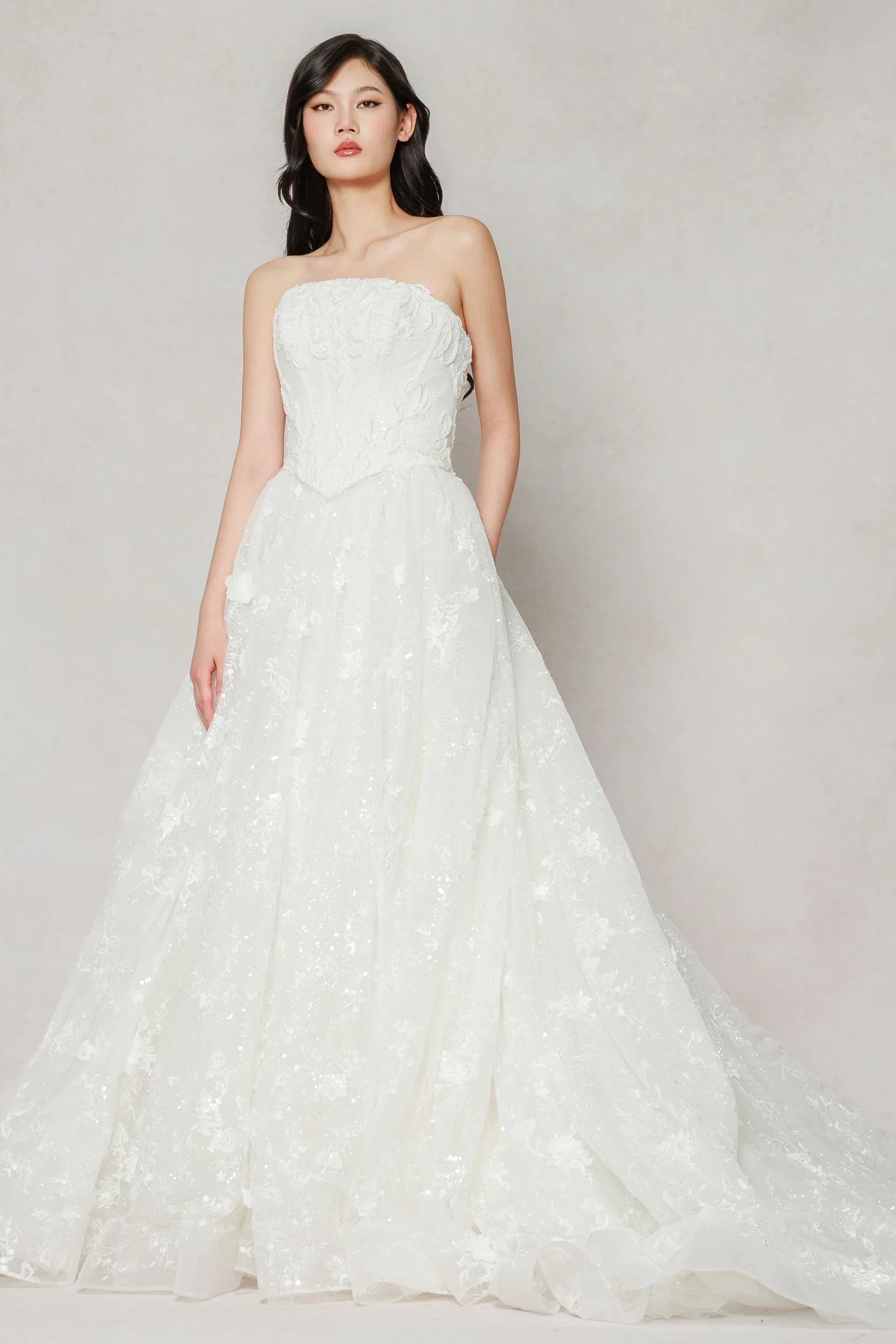 A-Line Court Train Stretch Satin Lace Tulle Wedding Dress CW3638 - COCOMELODY