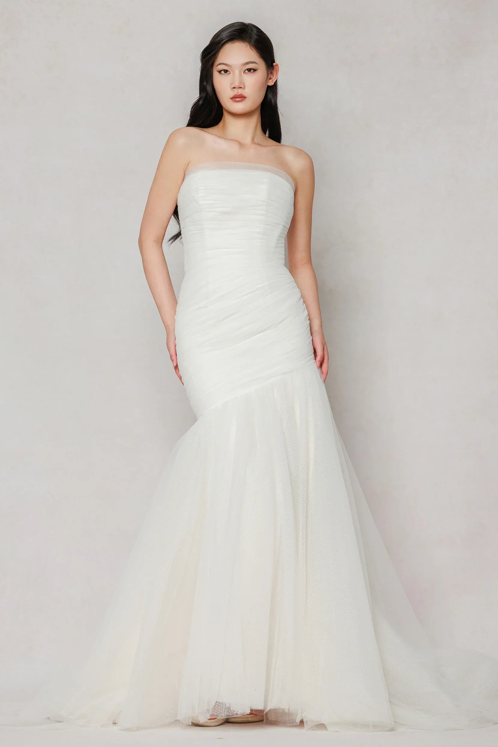 Trumpet-Mermaid Court Train Dot Tulle Wedding Dress CW3644 - COCOMELODY