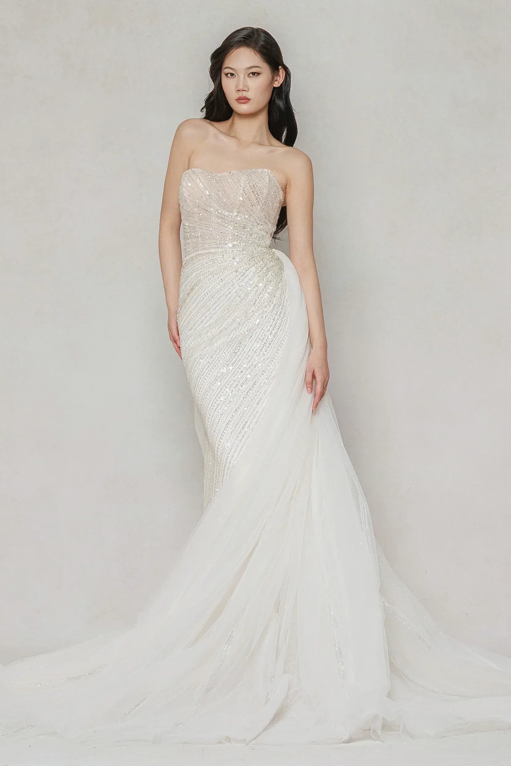 Trumpet-Mermaid Court Train Lace Tulle Wedding Dress CW3645 - COCOMELODY