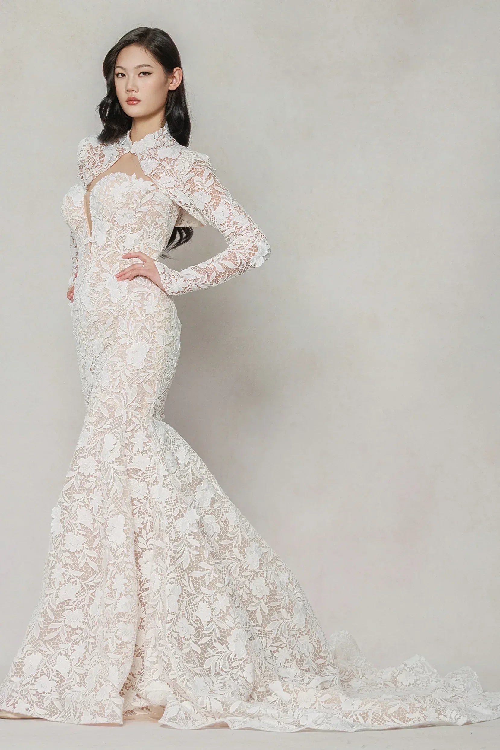 Trumpet-Mermaid Chapel Train Lace Tulle Wedding Dress CW3647 - COCOMELODY