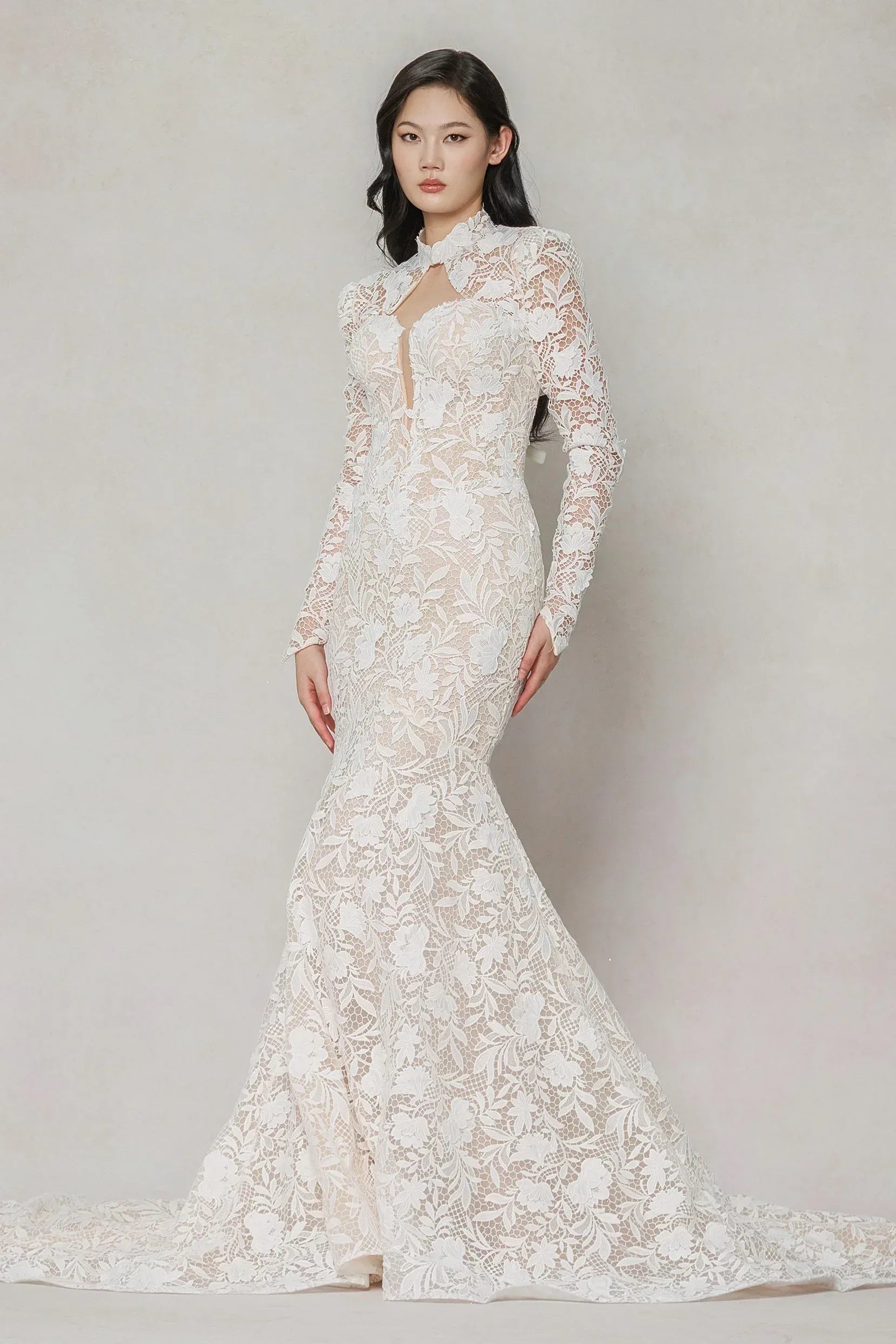 Trumpet-Mermaid Chapel Train Lace Tulle Wedding Dress CW3647 - COCOMELODY