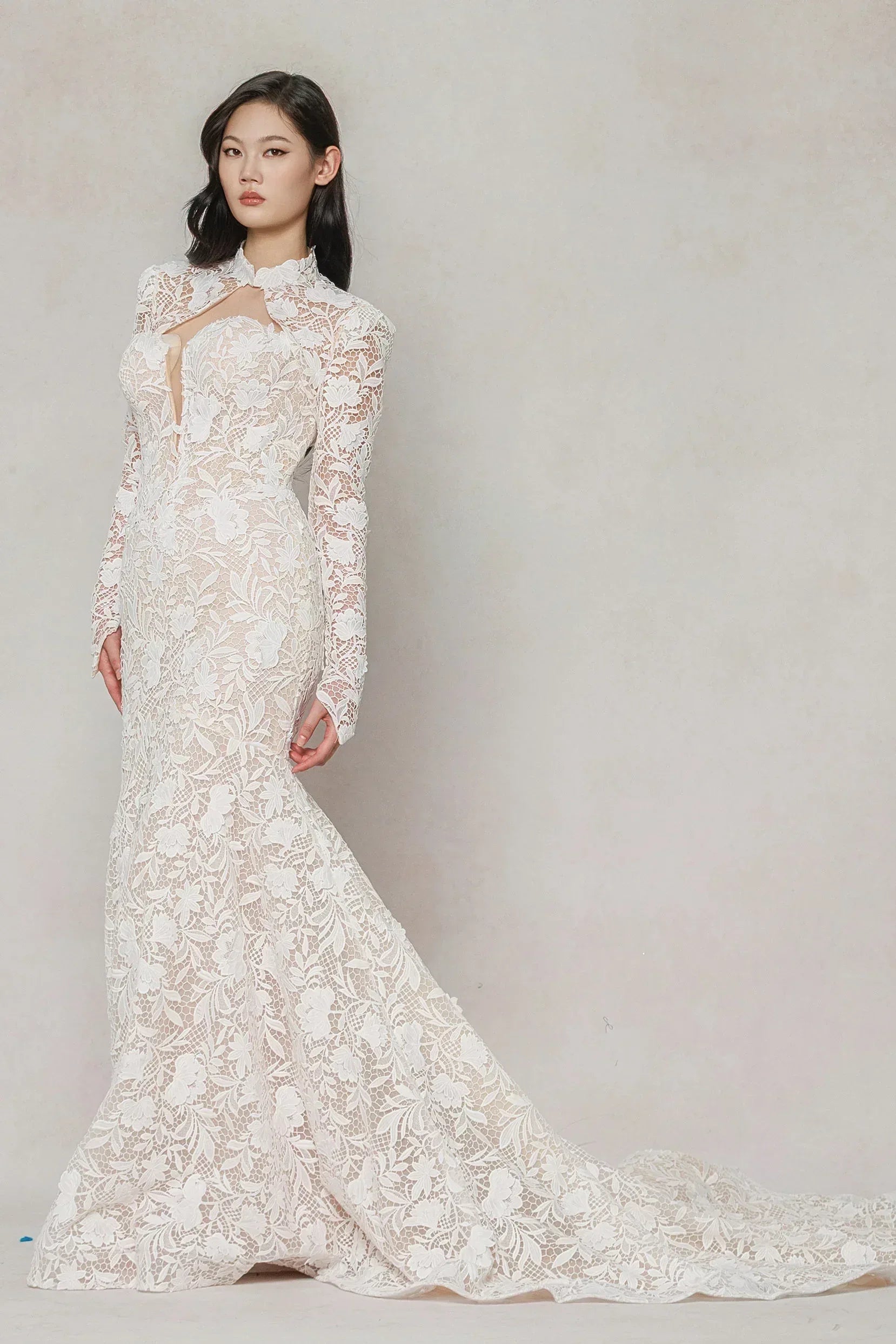 Trumpet-Mermaid Chapel Train Lace Tulle Wedding Dress CW3647 - COCOMELODY