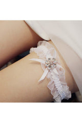 Lace Wedding Garter with Diamond and Ribbon Bows CZ0321 - COCOMELODY