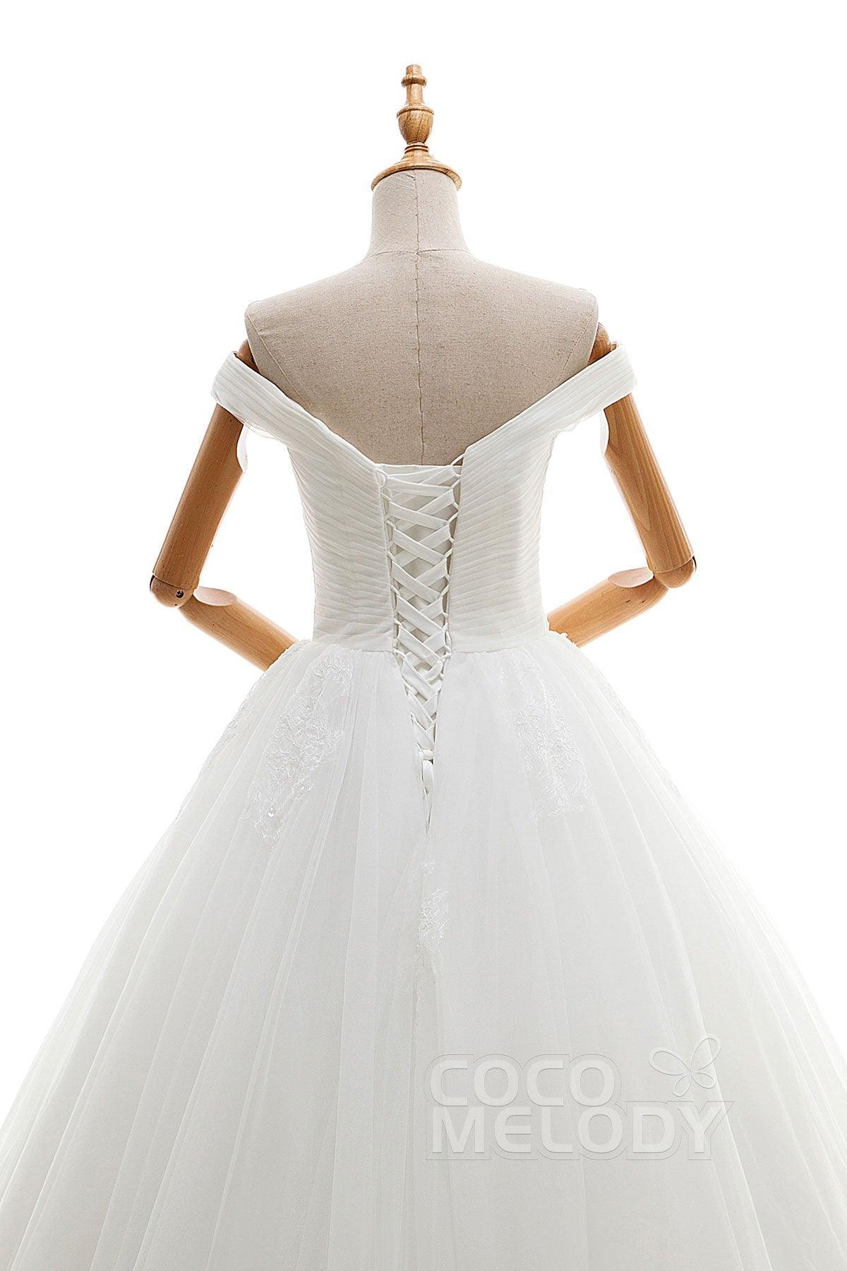 A-Line Floor Length Tulle Ivory Wedding Dress JWLF16001 - COCOMELODY