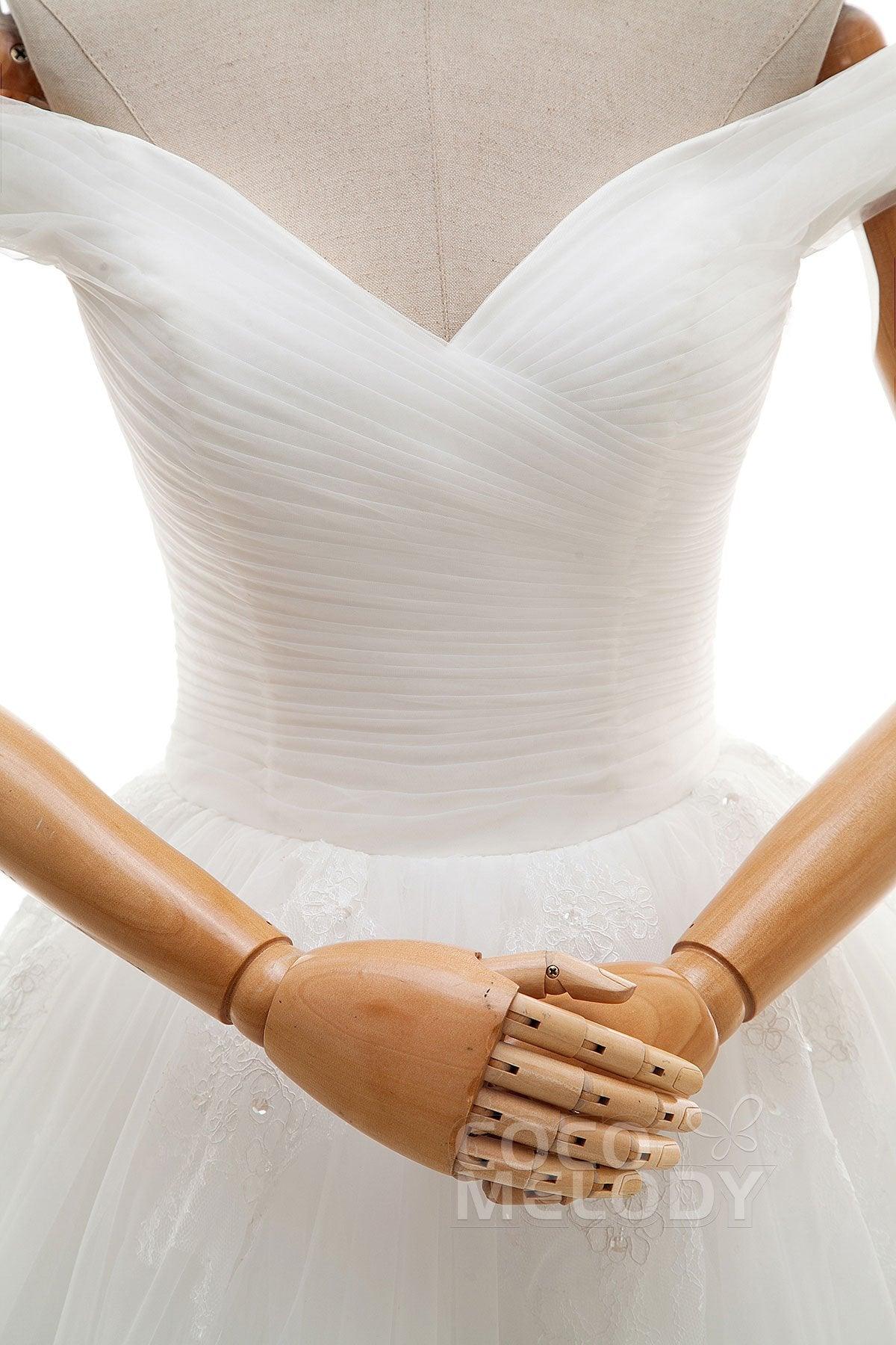 A-Line Floor Length Tulle Ivory Wedding Dress JWLF16001 - COCOMELODY