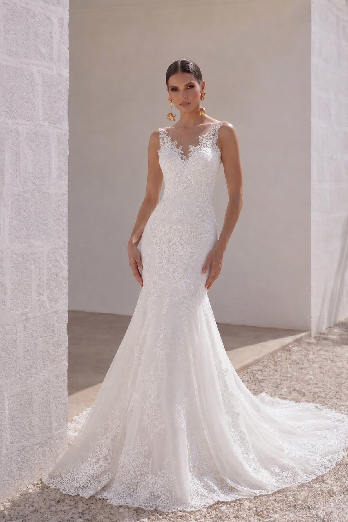 Trumpet-Mermaid Court Train Tulle Lace Wedding Dress LD4342