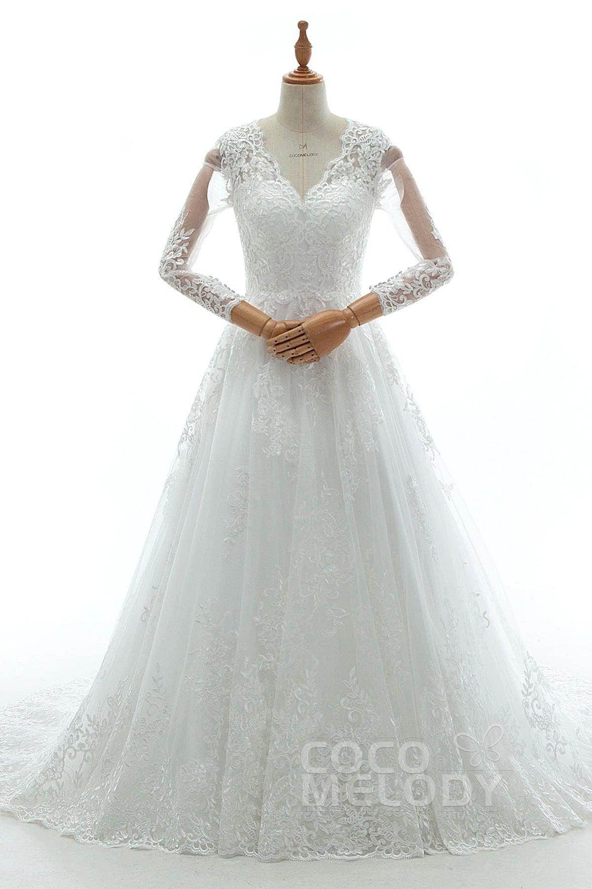 A-Line Court Train Tulle Lace and Satin Wedding Dress LD5731CR - COCOMELODY