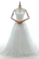 A-Line Court Train Tulle Lace and Satin Wedding Dress LD5731CR - COCOMELODY