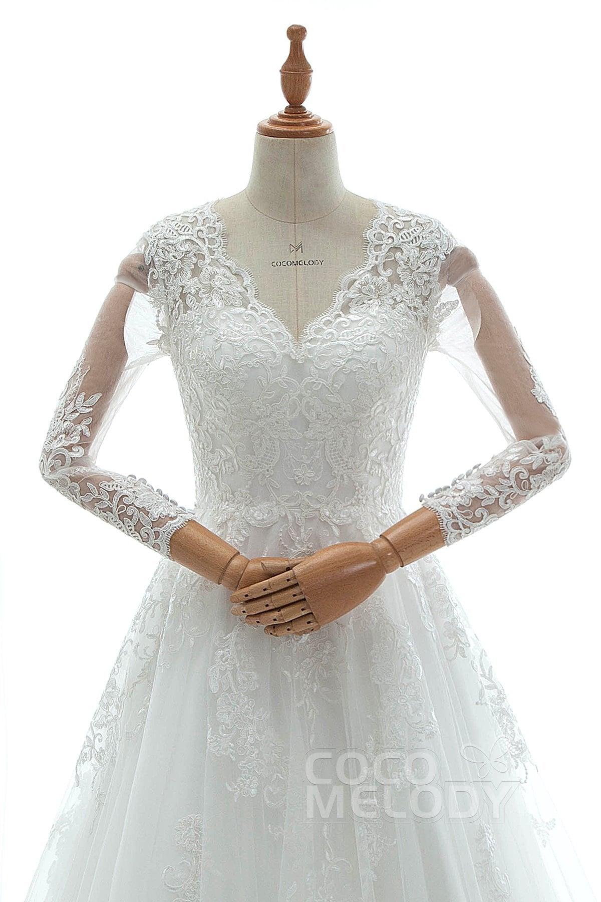 A-Line Court Train Tulle Lace and Satin Wedding Dress LD5731 - COCOMELODY