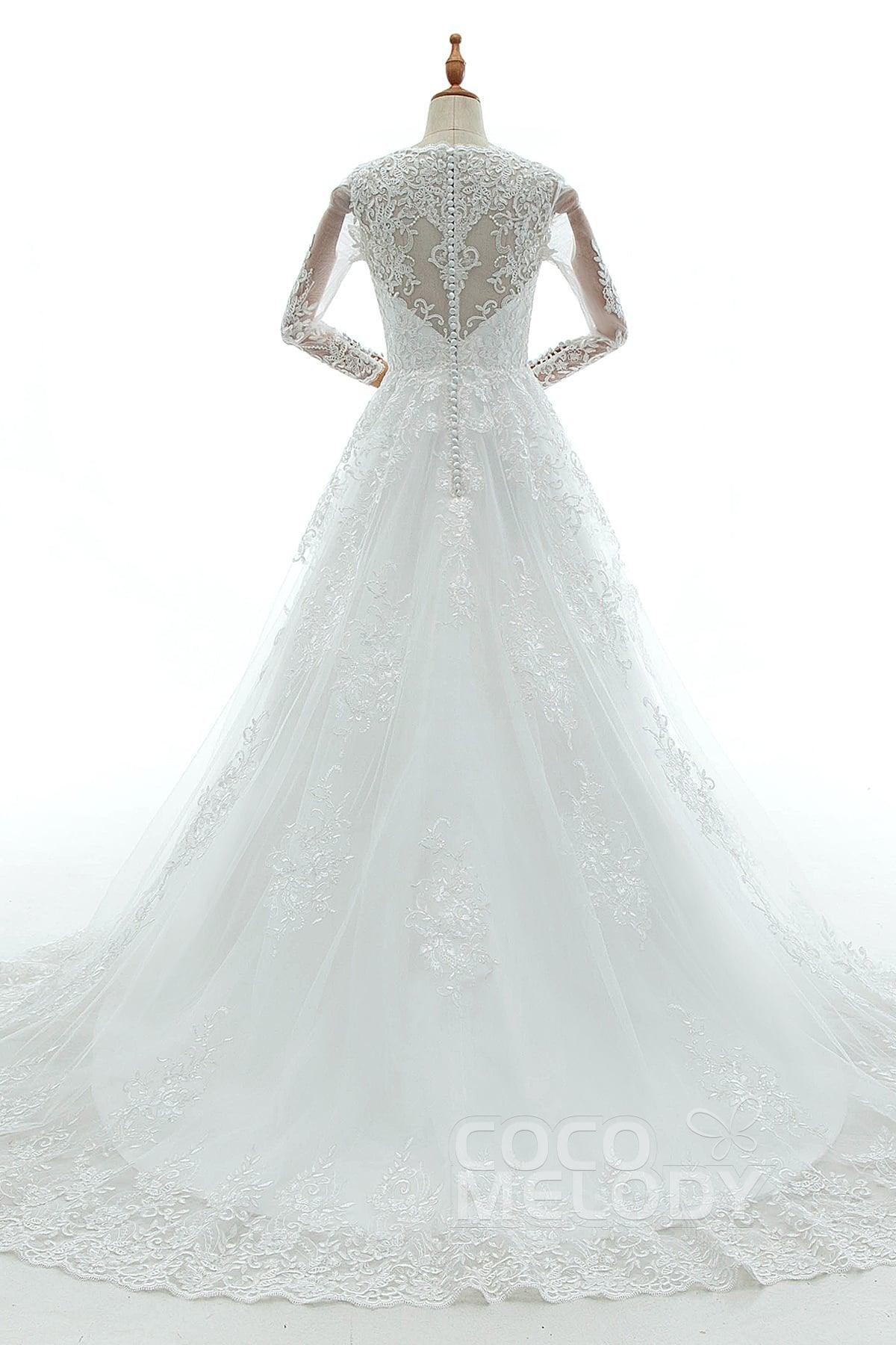 A-Line Court Train Tulle Lace and Satin Wedding Dress LD5731 - COCOMELODY