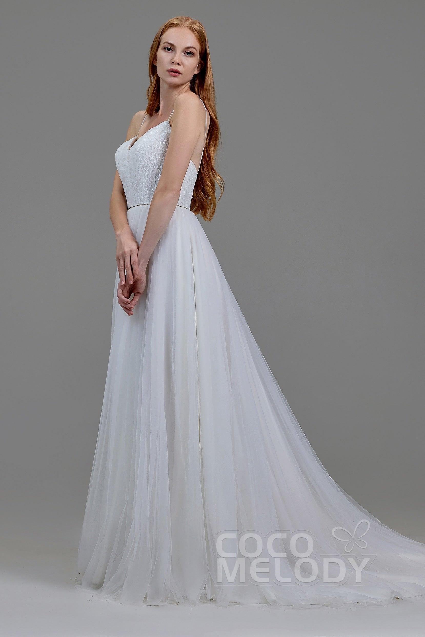 A-Line Court Train Sequined Lace Wedding Dress LD5781CR - COCOMELODY