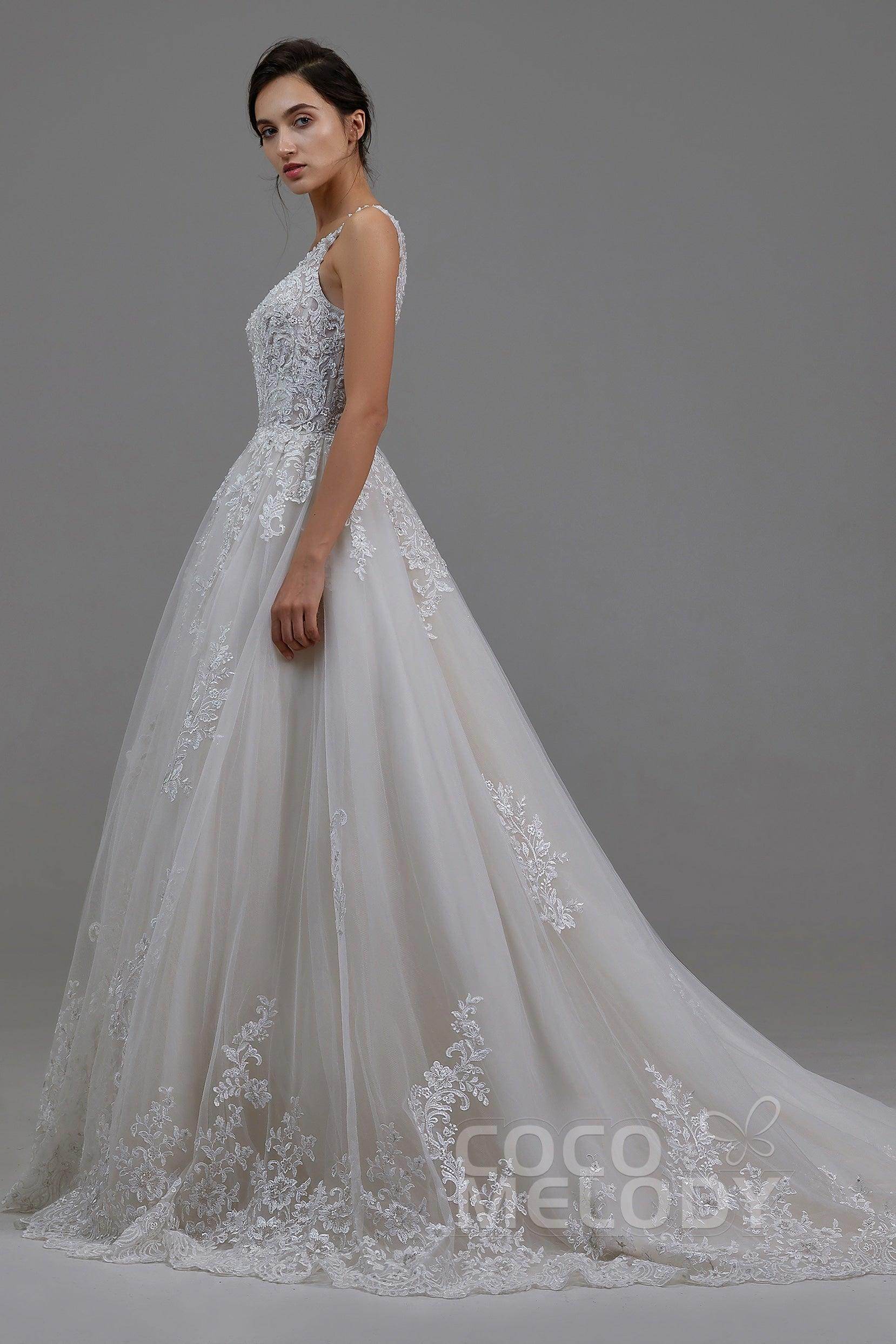 A-Line Court Train Tulle and Lace Wedding Dress LD5813 - COCOMELODY