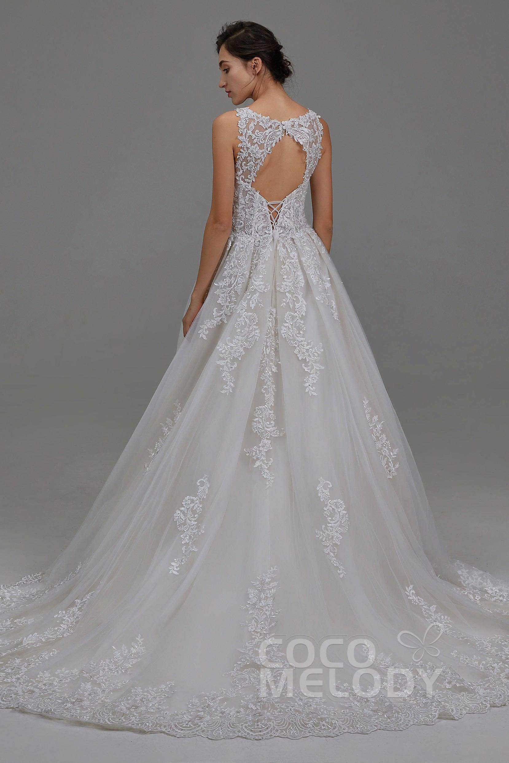 A-Line Court Train Tulle and Lace Wedding Dress LD5813 - COCOMELODY
