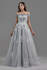 A-Line Sweep-Brush Train Tulle Wedding Dress LD5820CR - COCOMELODY