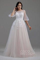 A-Line Sweep-Brush Train Tulle Wedding Dress LD5829CR - COCOMELODY