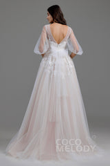 A-Line Sweep-Brush Train Tulle Wedding Dress LD5829CR - COCOMELODY
