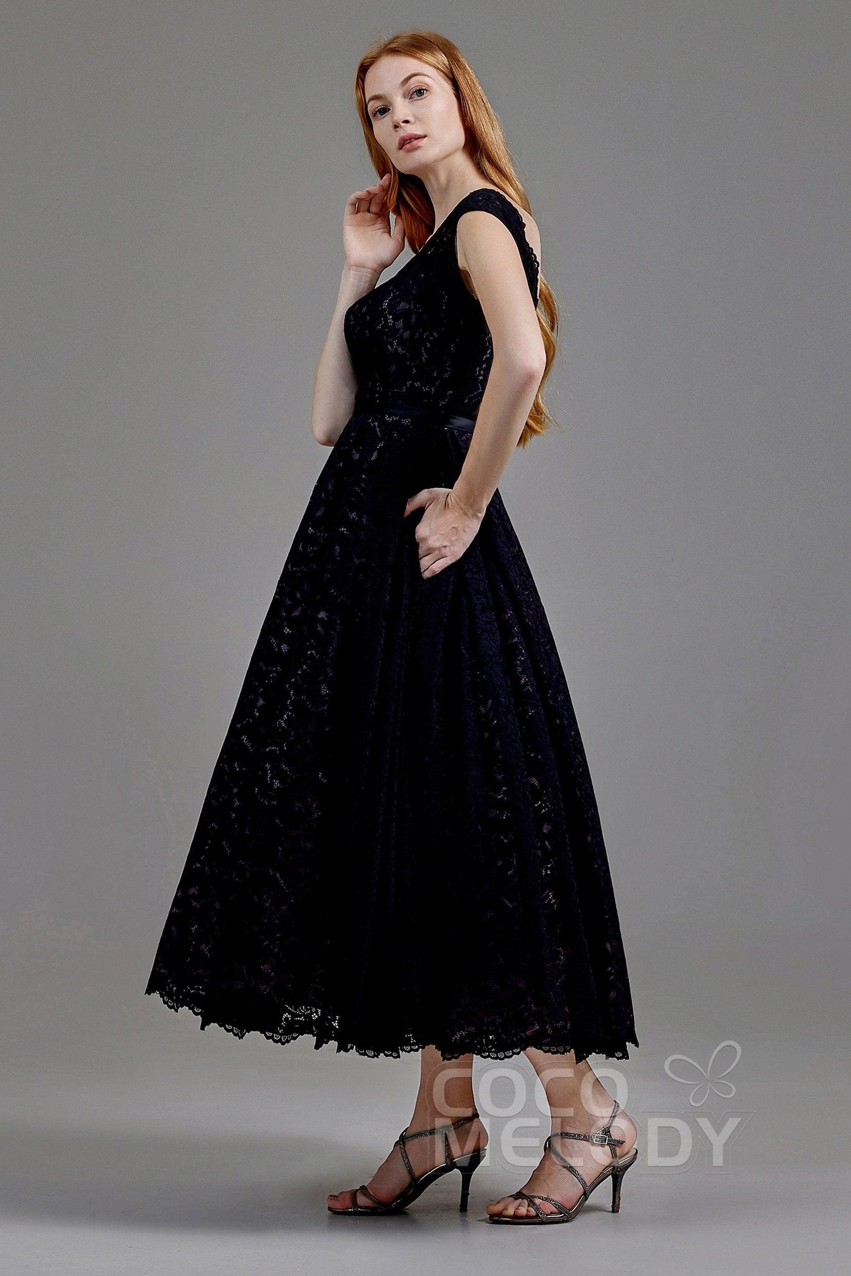 A-Line Tea Length Lace and Tulle Gothic Wedding Dress LD5831CR - COCOMELODY