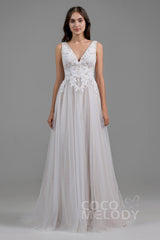 A-Line Sweep-Brush Train Tulle Wedding Dress LD5833 - COCOMELODY