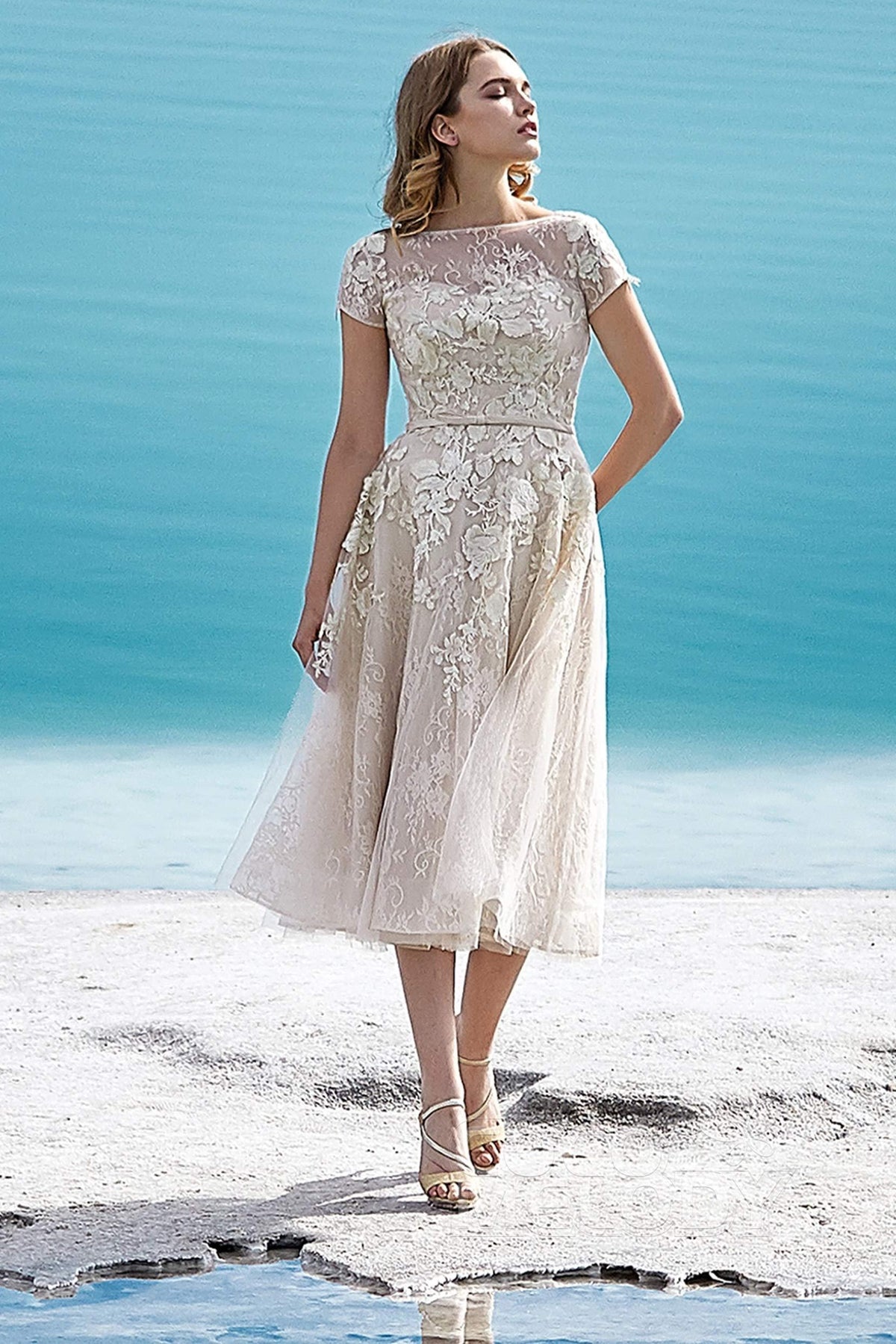A-Line Tea Length Tulle Wedding Dress LD5843CR - COCOMELODY