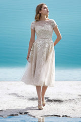 A-Line Tea Length Tulle Wedding Dress LD5843CR - COCOMELODY