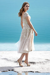 A-Line Tea Length Tulle Wedding Dress LD5843CR - COCOMELODY