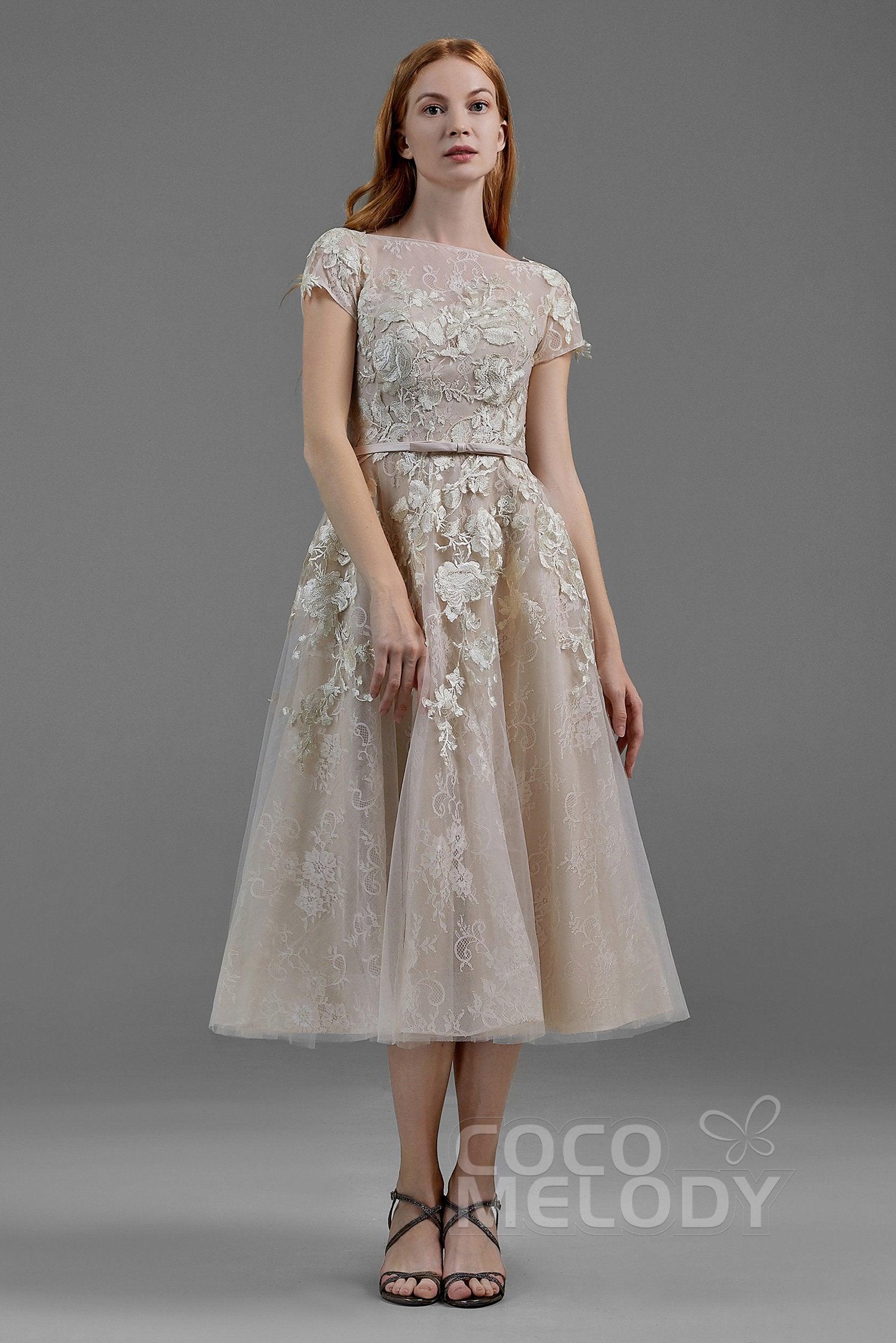 A-Line Tea Length Tulle Wedding Dress LD5843CR - COCOMELODY