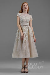 A-Line Tea Length Tulle Wedding Dress LD5843CR - COCOMELODY