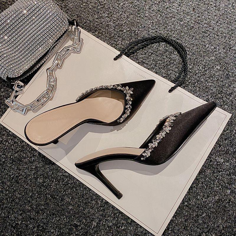 Black satin pointy rhinestone heels 790493683796 - COCOMELODY