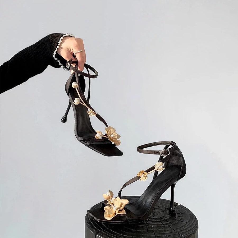 Black Satin 3D Flowers Ankle Strap Square Stiletto heel Sandals 775344564716 - COCOMELODY
