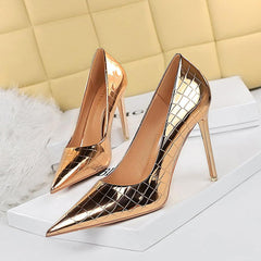 Gold Faux Leather Pointy Stiletto Heels 666858462308 - COCOMELODY