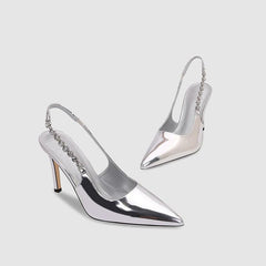 Silver Metallic Slingback Heel Sandals 715572448684 - COCOMELODY