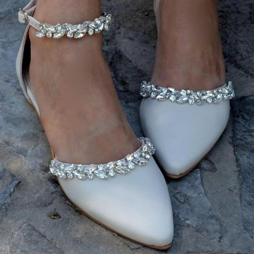 Rhinestone Ankle Strap Pointy Flat Shoes 728300420906 - COCOMELODY