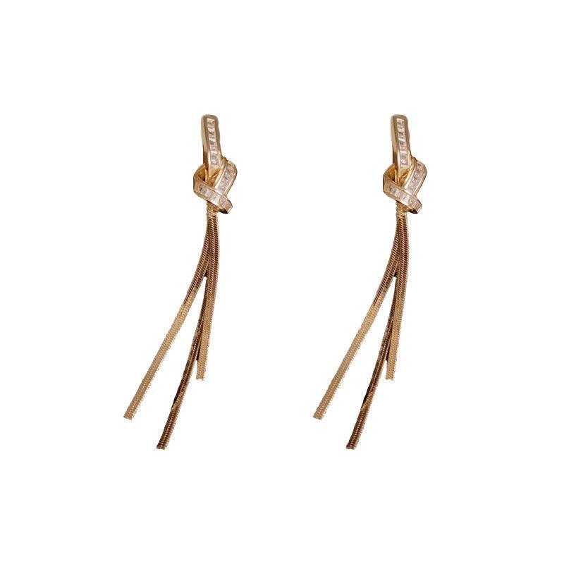 Delicate light luxe zircon knot fringe earrings temperament long earrings 800256901146 - COCOMELODY