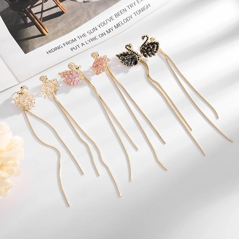 Swan tassel silver needle earrings 718899853686 - COCOMELODY