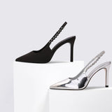 Silver Metallic Slingback Heel Sandals 715572448684 - COCOMELODY